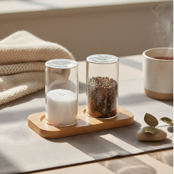 Glass Salt & Pepper Shaker Set 2 Pcs with Wooden Base